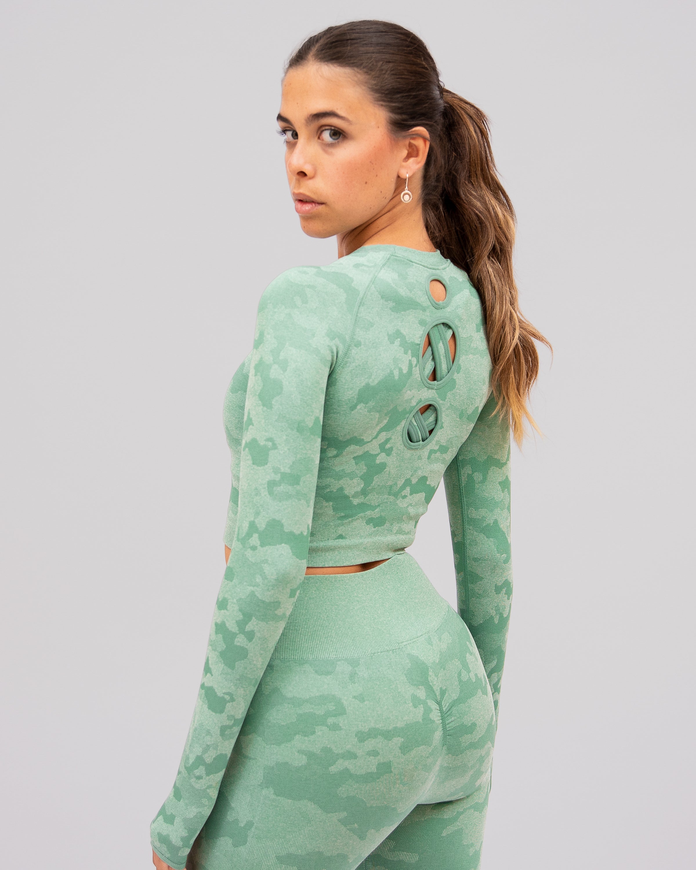 Camo Light Green Long Sleeve Crop Top